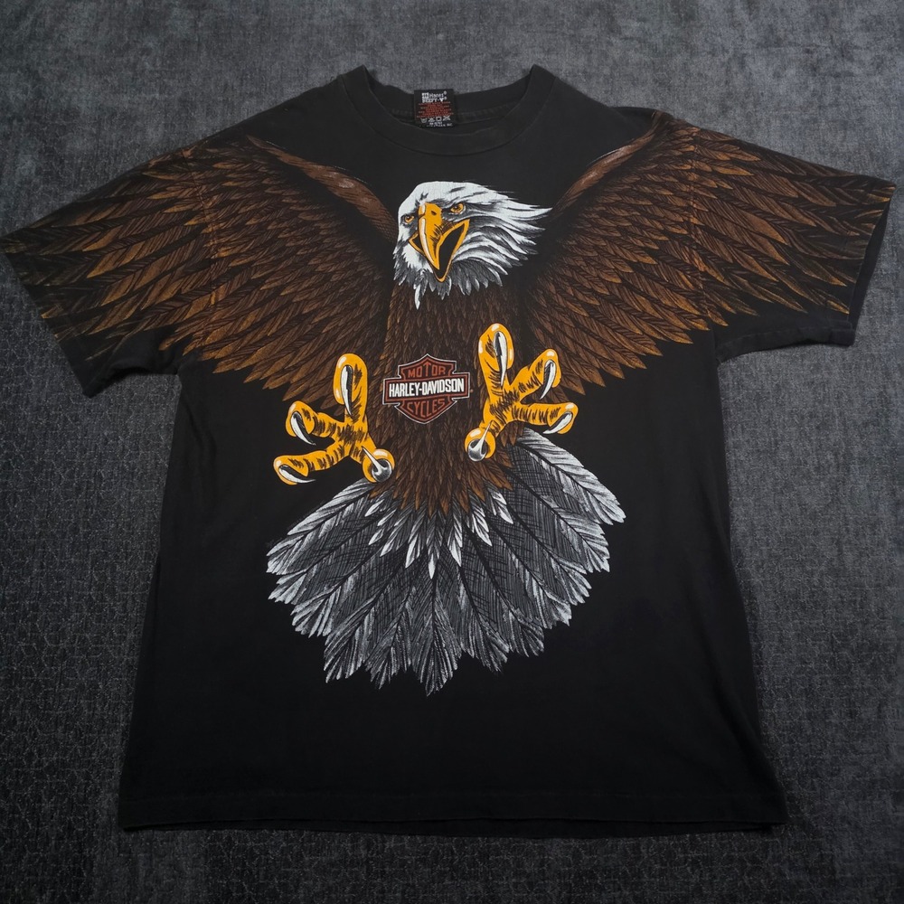 Vintage Harley Davidson AOP Allover Eagle T-Shirt Mens Large Black Morrow GA 90s